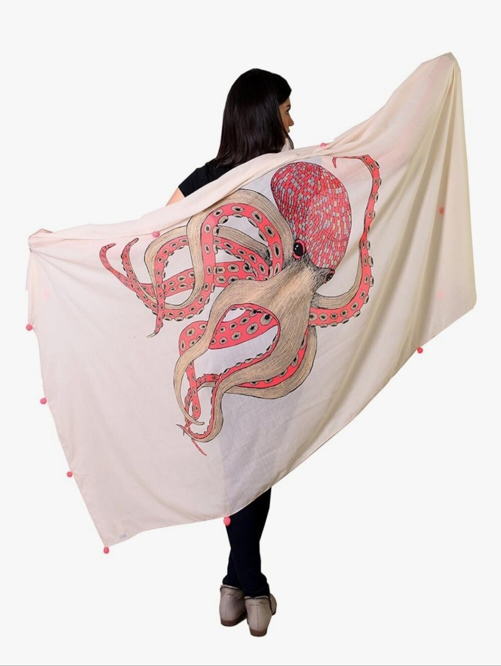Anika Dali Women's Octopus Scarf With Pink Pom Pom Trim *Some Flaws*